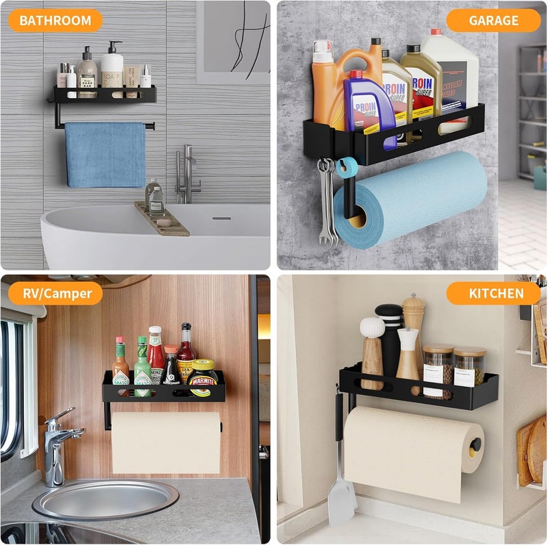 EffiJoy Paper Towel Holder Wall Mount for Kitchen, Paper Towel Holder with Shelf for Bathroom, RV Paper Towel Rack, Spice Rack with 2 Hooks,Matte Black - Image 3